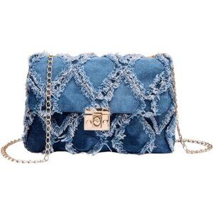 Women's Distressed Denim Crossbody Bag Twist Lock Blue